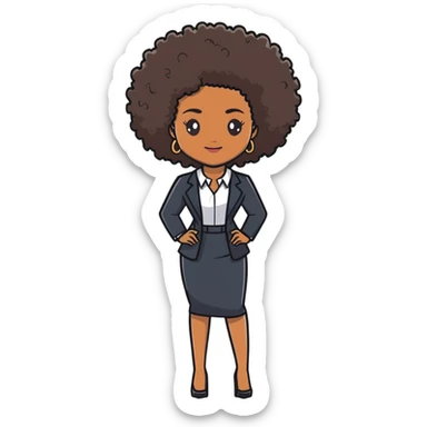 Elegant African career woman with natural curly afro hair, corporate outfit, professional demeanor sticker