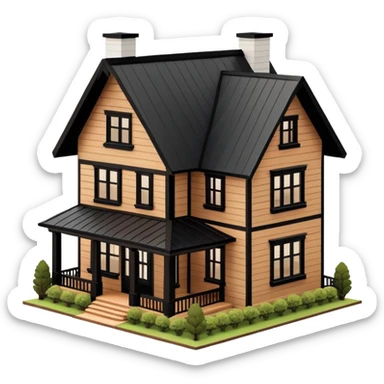brown wooden modern farmhouse with black trim exterior, isometric dollhouse-style, highly detailed  sticker