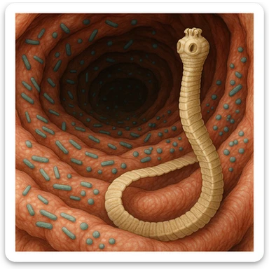 a medical illustration of a human realistic gut with bacteria and parasyte (tenia) realistic  sticker