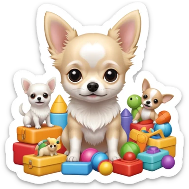 Beautiful white hairy chihuahua surrounded by a lot of toys sticker