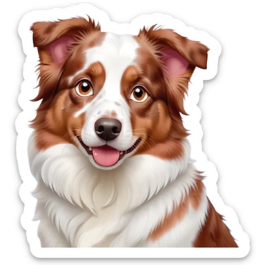 Cinematic Cute Predominantly White Red Merle Australian Shepherd Portrait Emoji, Head tilted playfully and inquisitively, predominantly white fur with vibrant red merle patches, round, sparkling blue eyes filled with curiosity, Simplified yet irresistibly adorable features, highly detailed, glowing with a warm, friendly glow, high shine, affectionate and lively, stylized with a touch of whimsy, bright and endearing, soft glowing outline, capturing the essence of a mischievous yet loving pup, so playful it feels like it could bound out of the screen and into your arms! sticker