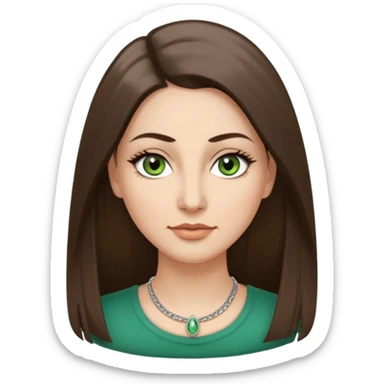 40 year old Adult woman avatar, light skin tone, oval face, long straight ashy brown hair, green almond-shaped eyes with dramatic eyelashes and minimal eyeliner, neutral mouth, medium straight eyebrows, small nose, smooth skin sticker