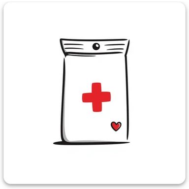 Hand-drawn intimate health clinic packet with red cross and small heart icon, sealed medical packet sticker