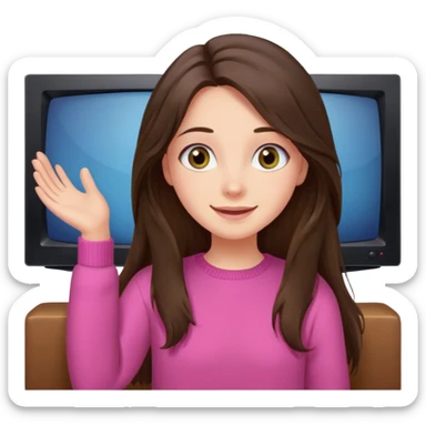 happy long haired brunette girl hazel eyes in pink watching tv sticker