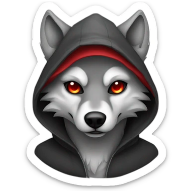 grey wolf with red eyes wearing a black hood holding a sickle sticker