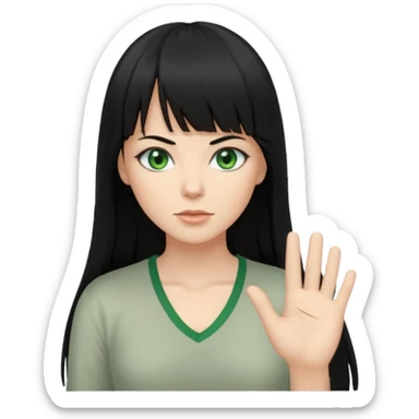 A white woman with Long straight hair with bangs, black hair, green eyes and a low-cut shirt sticker