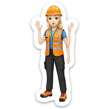 female, orange, hi-vis vest, dark trousers, shoes, hand raised sticker