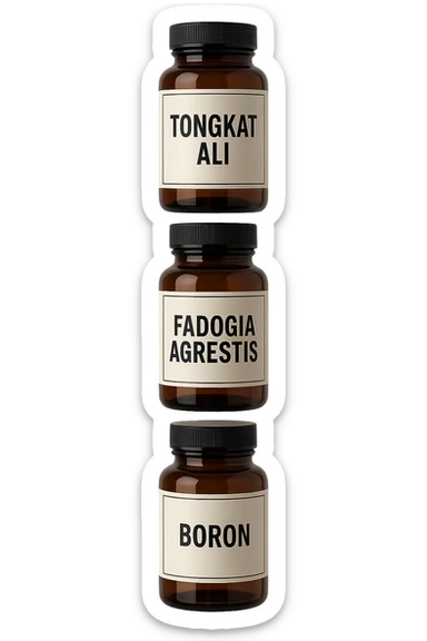 4 boccette di integratore: Tongkat Ali, Fadogia Agrestis, Boron e Zinco fluttuano in aria verticalmente sticker