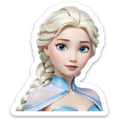 Cinematic Realistic Elsa Portrait, depicted with lifelike skin texture, soft natural lighting, and intricately detailed platinum blonde hair styled elegantly. Her striking, expressive blue eyes exude confidence and grace, complemented by a serene and regal expression. She is dressed in her signature icy attire, with shimmering fabric textures and delicate folds that catch the light beautifully. The portrait features a soft, enchanting glow with a cool, radiant finish, capturing the essence of timeless elegance in a realistic and painterly style, evoking a sense of depth and authenticity. sticker