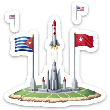 Cuba during the Cold War with Cuban island in the center, US and USSR flags on either side, missiles, tense atmosphere sticker