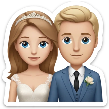 portrait of a bride with light brown hair and grey-blue eyes, and a groom with blonde hair, blue eyes, wearing a brown suit sticker