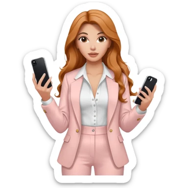 pale skin Kim Kardashian with ginger wavy long Hair, light pink  Spacious classical jacket, light pink palazzo Arrow pants and white blouse holding white IPhone 15 pro in the hands sticker