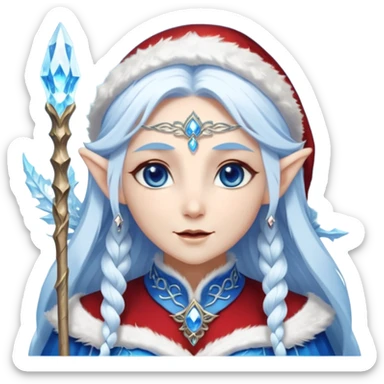 Legendary fantasy Christmas elf portrait icon, Santa Claus and Snow Maiden inspired, ancient winter spirit style, long flowing white-blue hair, glowing frost eyes, crystal staff, elegant elven features, divine winter magic aura, icy silver color palette, highly detailed but clean emoji icon sticker