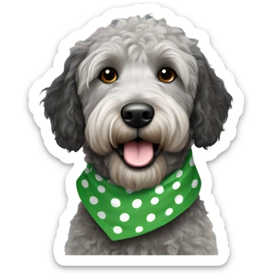 mini black and grey spotted labradoodle dog with green bandana around neck sticker