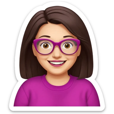 50 yr Caucasian woman, long dark brown hair parted on side, brown eyes, brown glasses, big smile, white teeth, fuscia sweater, chubby,  sticker
