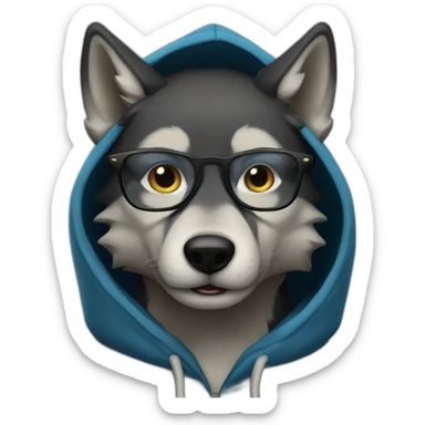 Blue wolf wearing glasses and black hoodie sticker
