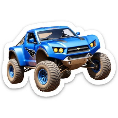 Satan’s (post race) ultra blue wide-body Dirty and dented Local Motors Rally Fighter off road race car hot rod trophy truck flying turning a tight corner (silver wheels) sticker
