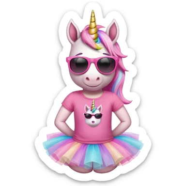 friendly anthropomorphised female unicorn in tutu and pink t-shirt, wearing dark sunglasses, relaxed pose, head and shoulders portrait sticker