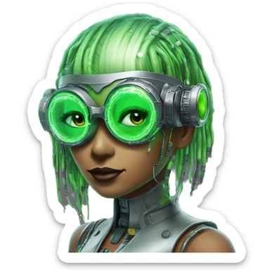 Neon green bobbed hair Latina female cyborg head with silver steampunk goggles and circuits sticker