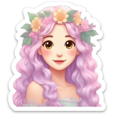 Gorgeous Shiny Colorful Pastel Anime Style Mature Lady with blushing face and pretty hair with a flower crown pastelcore kawaii cottagecore fairycore aesthetic trending style sticker