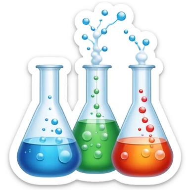 An icon featuring laboratory flasks with tubes, symbolizing chemistry. The design includes liquid and powder substances, a chemical reaction with bubbles, and molecular formulas, representing chemical processes like hydrolysis. Transparent background sticker