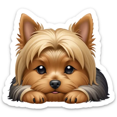 Meme-Worthy Cute Sleeping Yorkshire Terrier Portrait Emoji, Head resting gently with a peaceful, contented expression and softly closed, dreamy eyes, featuring a well-groomed, silky fur in rich hues, simplified yet irresistibly endearing, highly detailed, glowing with a gentle, drowsy radiance, high shine, exuding relaxed, heart-melting charm, styled with a soft glowing outline, capturing the essence of a sleeping Yorkshire Terrier that looks as if it could drift off into a sweet, meme-worthy slumber! sticker