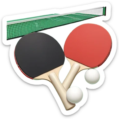 Two table tennis paddles and a ball placed on a ping pong table, with the net in the background. The scene conveys the simplicity and focus of the sport, with vibrant colors highlighting the rackets and ball on the smooth surface of the table. sticker