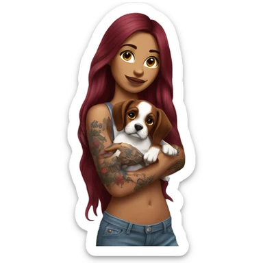 Beautiful tattooed  burgundy long haired woman holding a boxer puppy sticker