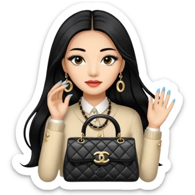 on est à Dubaï une chinoise avec des très très très beaux ongles et des très très très long  faux cils avec des sacs Chanel et un vêtement Chanel sticker
