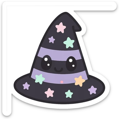 kawaii style gothic witch hat, cute face, black and purple stripes, pastel stars, cheerful and magical sticker