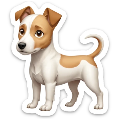a full body facing front on of a buff white parson russell terrier looking dog the size of a kelpie with light brown long ears resting on its face and a light brown patch above one eye and a large snout. the rest of the dog is completely white.  sticker