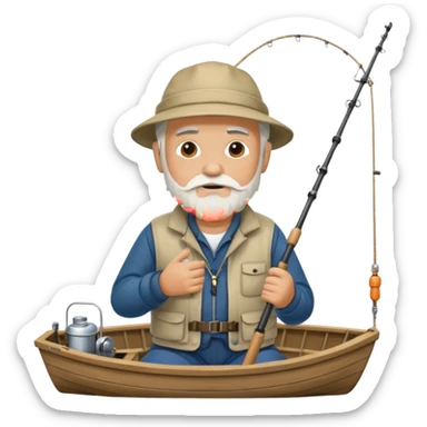 an old white haired, bearded man in fisherman attire, sat in a boat at sea, holding a fishing rod, with the end of the fishing line in the water sticker