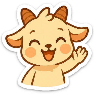 Chibi baby goat with a joyful expression, waving hello with one hoof, simple clean chibi stickers style, designed for a small emote, white background. sticker