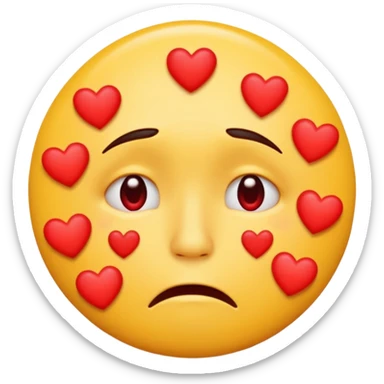 A yellow circular frowning face that is crying, with a dozen hearts floating from top to bottom in front of it sticker