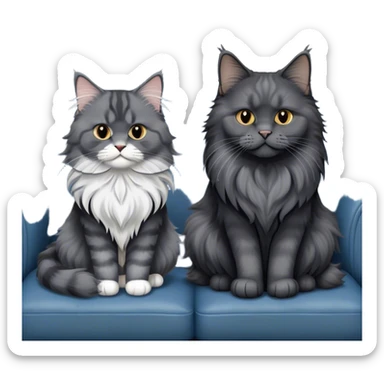 A large black smoke Maine Coon cat with long grey ear tufts and a fluffy grey ruff, sitting next to a chubby British Shorthair cat in blue color with plush fur, both sitting comfortably on a leather sofa. Beautiful room background with flowers and soft lighting. Transparent background. sticker