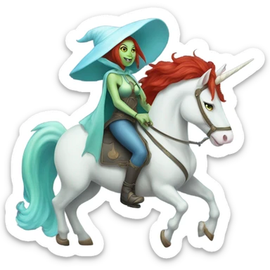 [politically incorrect, shield(
	{ female, alien, witch, color: light green, hair:red, eyes:cat} ]
	on a 
	[{ unicorn: white, legged:four, mane: light blue }]) sticker