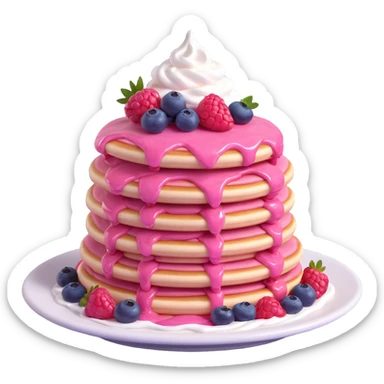 stack of pink pancakes on a plate with whipped cream and berries, glossy finish, realistic textures, modern and appetizing look, soft lighting sticker