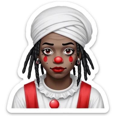 black emo rapper with clown paint with red lipstick, black circles in eyes and face, white paint dreads and a durag sticker