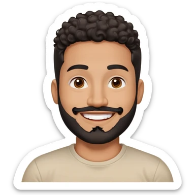 Latino man in his late 30s with warm brown skin. Round face. Big bright smile showing joy. Lively dark brown eyes. Thick defined eyebrows. Short tight curly black hair with fade on sides. Full black beard, neatly trimmed. Wearing a light beige round-neck t-shirt. sticker