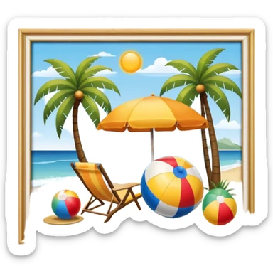Icon for Beach Tourism: a serene beach scene with palm trees, a sun hat, a beach ball, and the ocean in the background. The icon should capture the relaxing atmosphere of a beach vacation. Transparent background. sticker