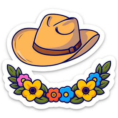 Cowgirl hat with wildflowers, colorful floral arrangement on a tan cowboy hat sticker