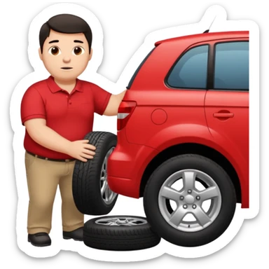 Fat white guy with dark hair and a red polo with black pants changing a tire on a car sticker
