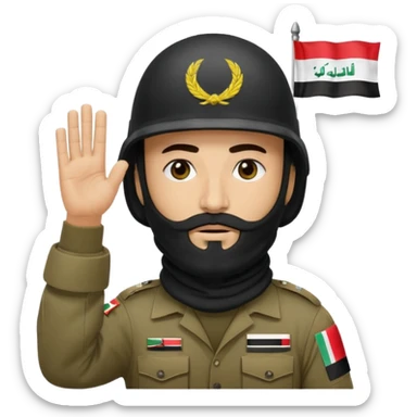 surrenders, depicts an Iraqi soldier from 1980, with a beard, in a helmet, a helmet with sign flag Iraq, with a balaclava, with sad eyes and both hands raised up sticker