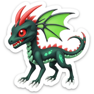 Obsidian-black and neon-glowing-green skeletal Meloetta-Salandit-Nargacuga-Zygarde-Pokémon-Fakémon-creature-fusion-hybrid with glowing crimson-red evil slit eyes sticker