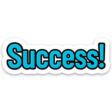 text 'Success!' in bold font, cyan blue color, lineal color icon with black outlines sticker