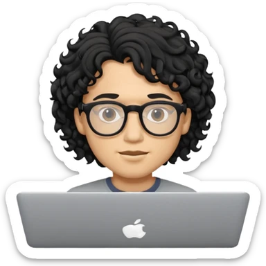 guy with wavy kinda curly black hair and skin cream and glasses, with a macbook sticker