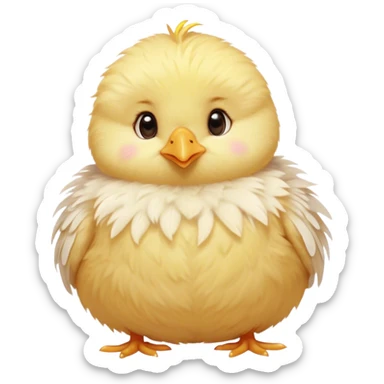 Cinematic round fluffy chick, golden yellow, tiny beak and feet, soft downy feathers, sparkling gentle eyes, sitting on a pastel-colored cushion, radiating warmth and sweetness. sticker