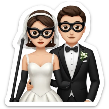 a recently marries couple skiing, masks on in wedding dress and tux sticker