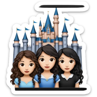 Quiero que crees una imagen donde este el castillo de Disney y por detrás o delante pon a 4 chicas: una con el pelo largo rizado marrón , otra con el pelo muy corto negro, otra con el pelo mediano liso marrón y otra con el pelo negro largo liso sticker