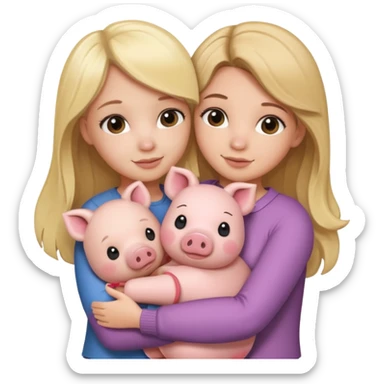 Girlfriends, blonde and brunette, hugging each other with a teddy bear and a little pig. Teddy sticker